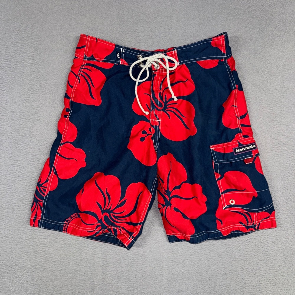 Abercrombie Board Shorts Mens Medium Navy Red Hibiscus Floral Cargo Swim Trunks